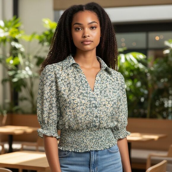 NWT Know One Cares Floral Green Blue Short Sleeve Crop Top Blouse V Neck size L - Picture 11 of 11